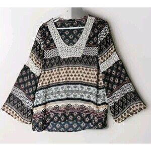 Retro Hippie Blouse Top Size Medium Boho Geometric Southwestern Chic Cottagecore
